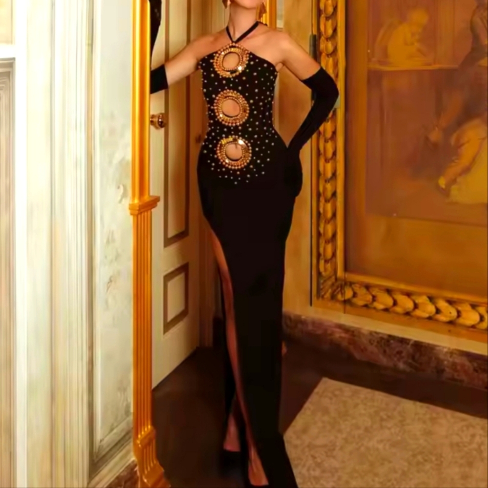 Black Color Women Sexy Halter Off the Shoulder GoldenBeading Bodycon Bandage - Picture 2 of 7